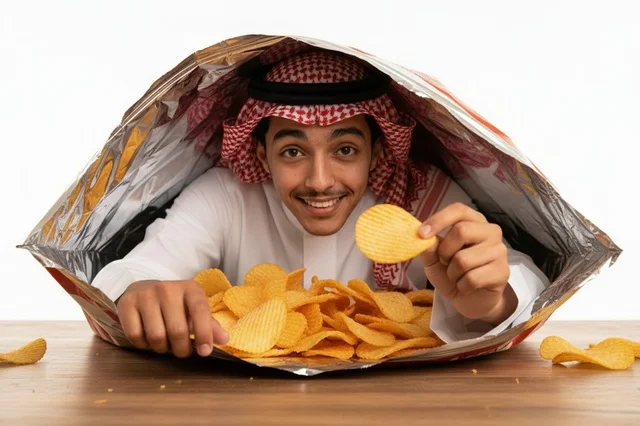 شاب سعودي بالزي التقليدي مع كيس بطاطس مقرمشة