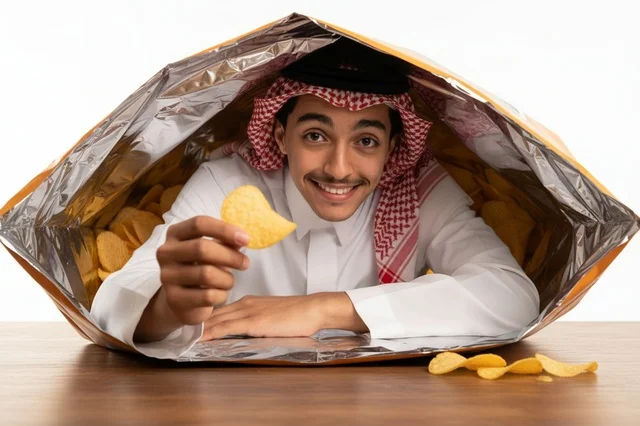 Saudi Man in Traditional Dress with Potato Chips
