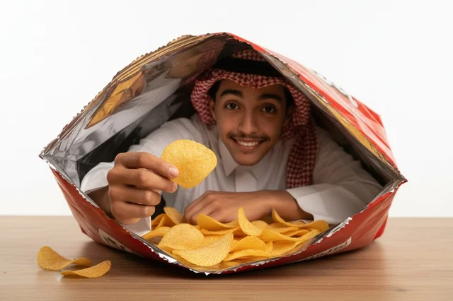 شاب سعودي مع كيس بطاطس مقرمشة عملاق