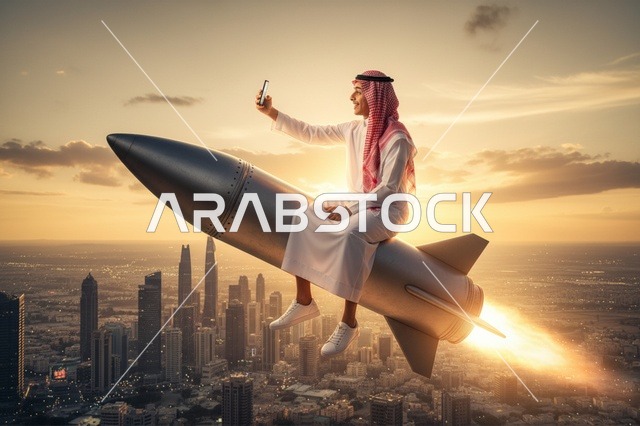 Saudi Man on Rocket Taking Selfie Over City Skyline