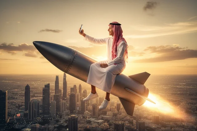 رجل سعودي على صاروخ يلتقط سيلفي فوق أفق المدينة
