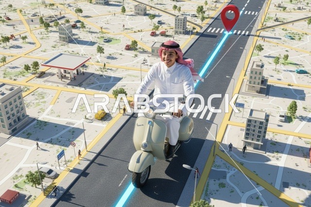 رجل سعودي يقود دراجة نارية على خريطة مدينة ذكية