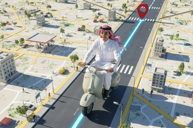 A Saudi man rides a motorcycle on a smart city map.