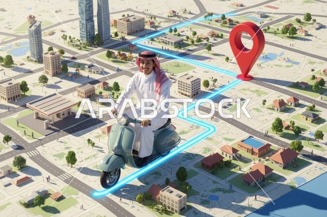 رجل سعودي يقود دراجة نارية على خريطة مدينة ذكية