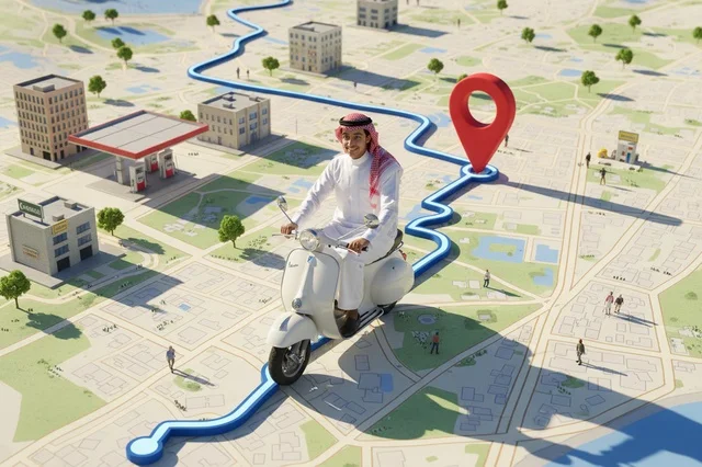 Saudi Man Riding Scooter on 3D City Map Navigation