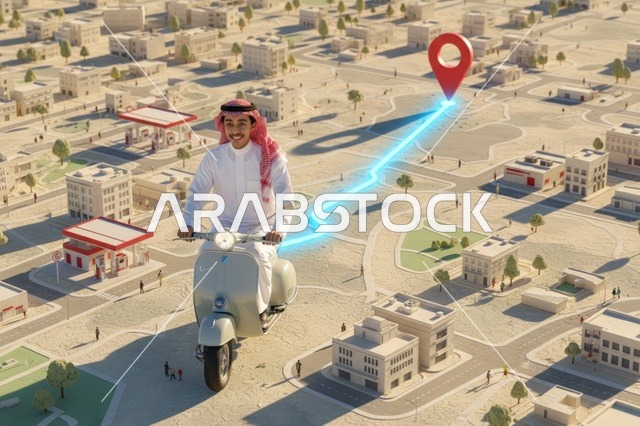 رجل سعودي يقود دراجة نارية على خريطة مدينة ذكية