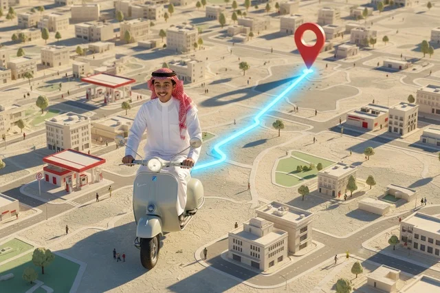 A Saudi man rides a motorcycle on a smart city map.