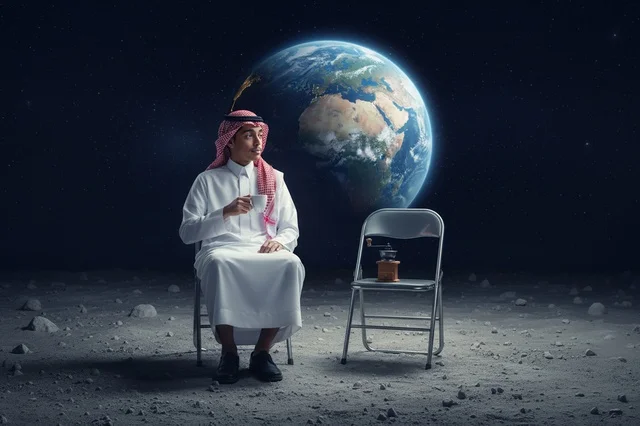 Saudi Man Drinking Coffee on Moon Surface