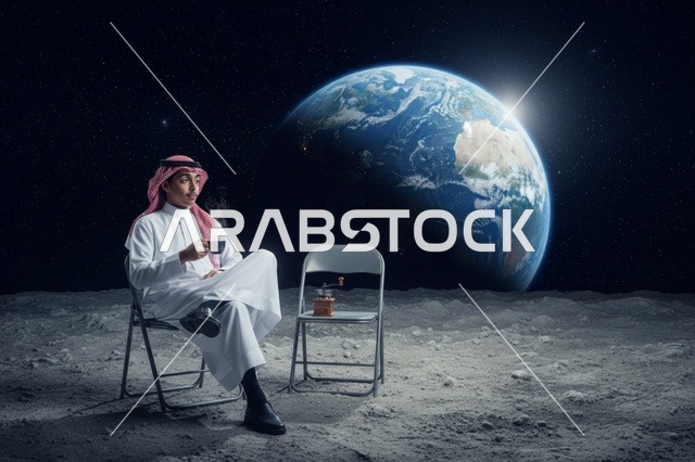 رجل سعودي يشرب القهوة على سطح القمر خلفية الأرض