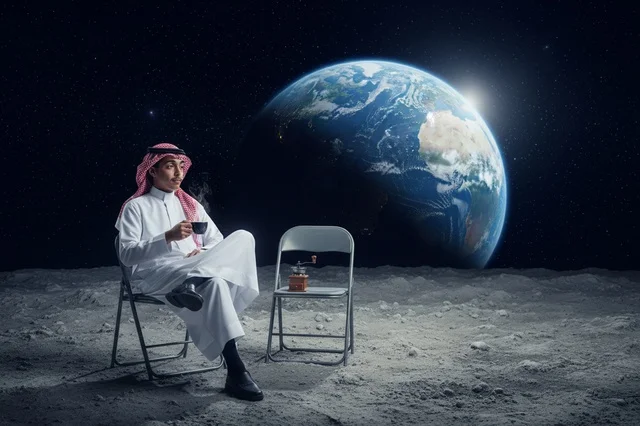 Saudi Man Drinking Coffee on Moon with Earth Background