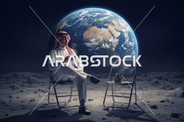 Saudi Man on Moon Surface with Earth Background