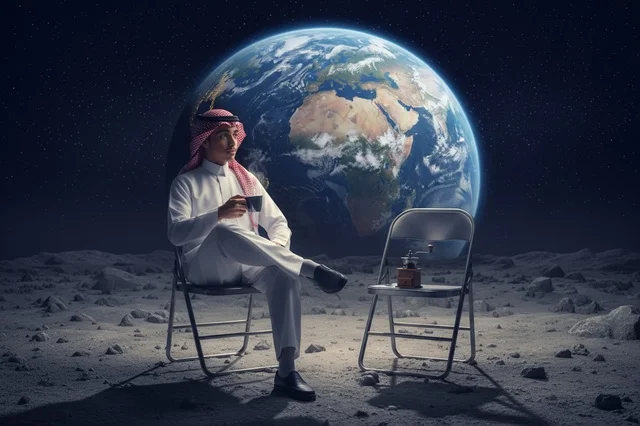 Saudi Man on Moon Surface with Earth Background