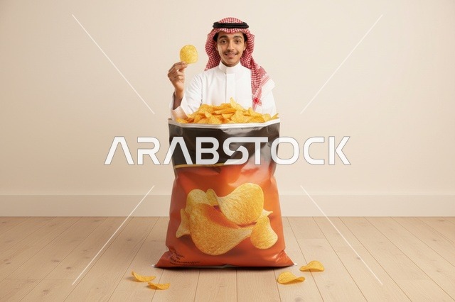 شاب سعودي مع كيس بطاطس مقرمشة عملاق