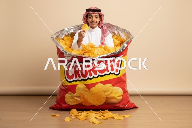 شاب سعودي مع كيس بطاطس مقرمشة عملاق