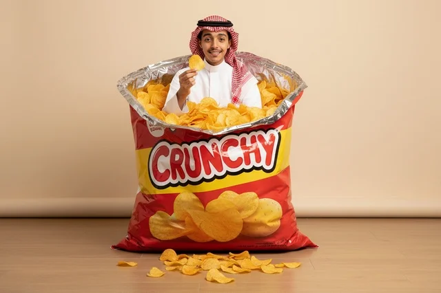 A Saudi young man with a giant bag of crispy chips.