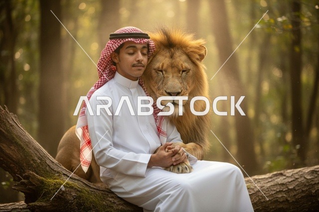رجل سعودي مع أسد في الغابة وقت الغروب