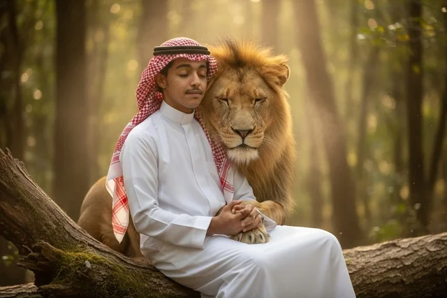 رجل سعودي مع أسد في الغابة وقت الغروب
