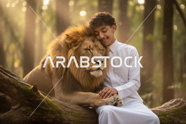 شاب سعودي مع أسد في غابة مشمسة