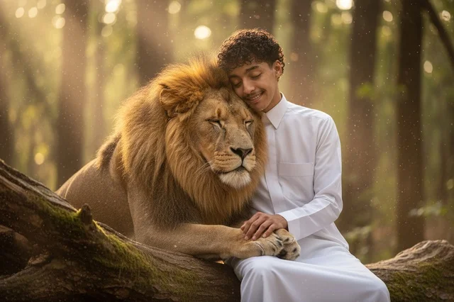 شاب سعودي مع أسد في غابة مشمسة