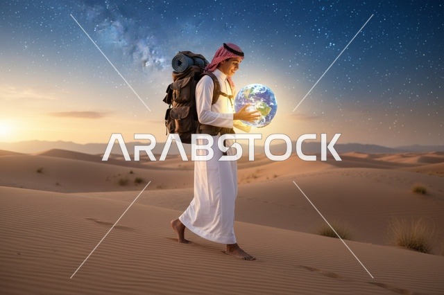 رجل سعودي يحمل كرة أرضية مضيئة في الصحراء ليلاً