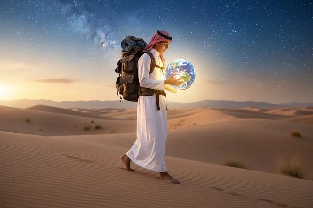 رجل سعودي يحمل كرة أرضية مضيئة في الصحراء ليلاً