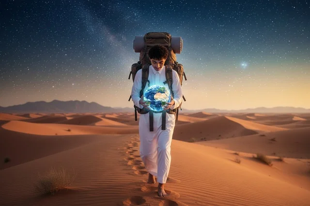 Saudi Man Carrying Holographic Globe in Desert Night