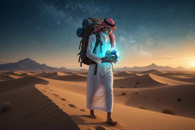 مسافر سعودي مع كرة أرضية مضيئة في الصحراء ليلاً