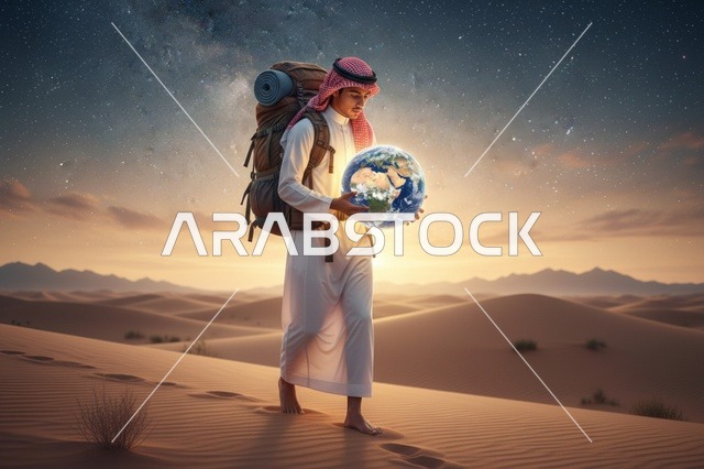 رجل سعودي يحمل مجسم الأرض في الصحراء ليلاً