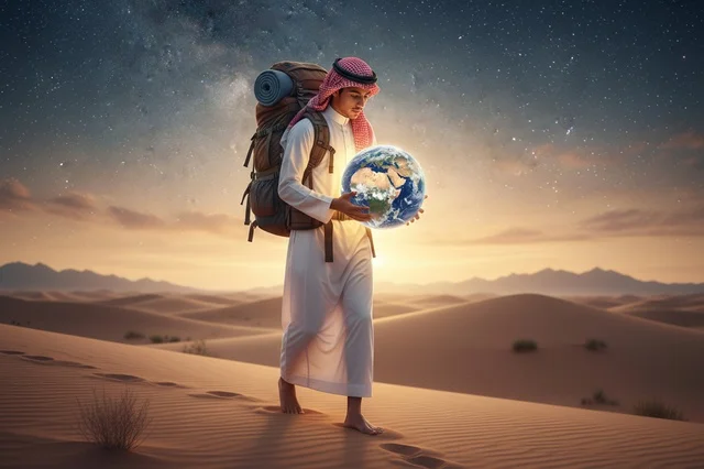 Saudi Man Carrying Earth Globe in Desert at Night