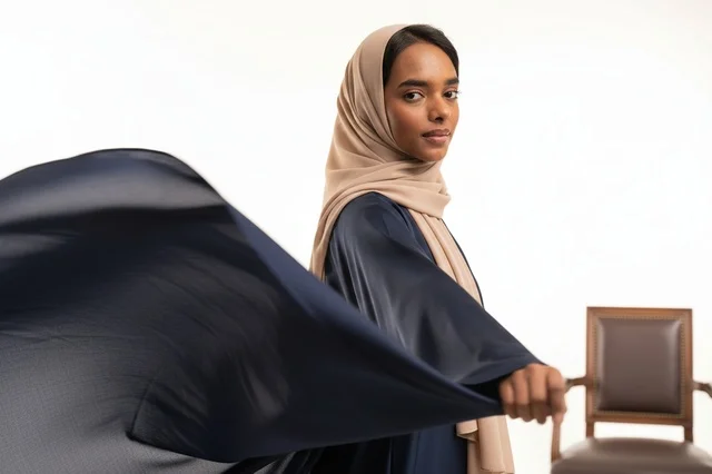 Saudi Woman in Abaya with Motion on White Background