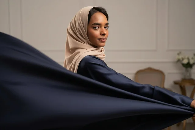 Saudi Woman in Traditional Navy Blue Silk Abaya