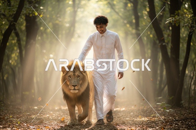 رجل سعودي بالثوب الأبيض يمشي مع أسد في الغابة