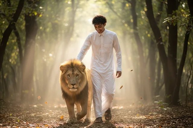 رجل سعودي بالثوب الأبيض يمشي مع أسد في الغابة
