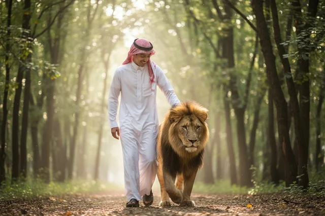 Saudi Man in Traditional Thobe Walking with Lion in Forest Saudi Man in Traditional Thobe Walking with Lion in Forest