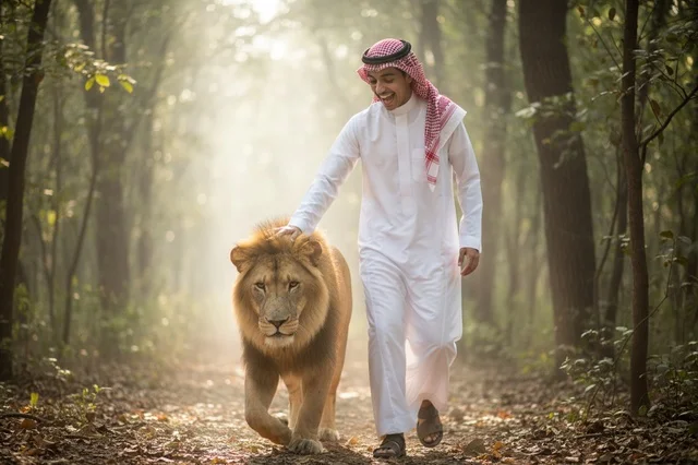 رجل سعودي بالزي التقليدي يمشي مع أسد في الغابة