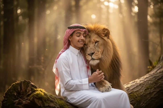 Saudi Man in Traditional Thobe with Lion in Forest