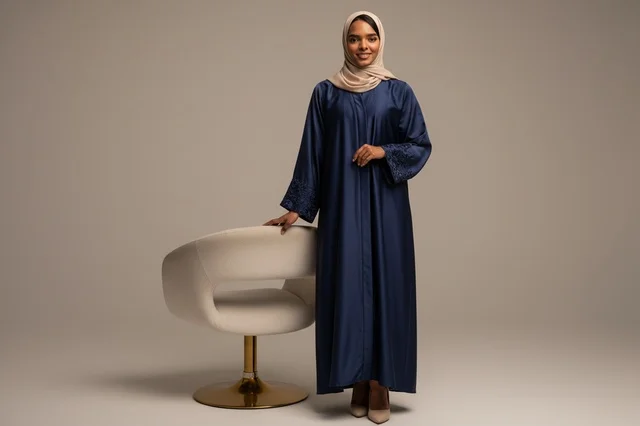 Emirati Woman in Navy Abaya with White Chair