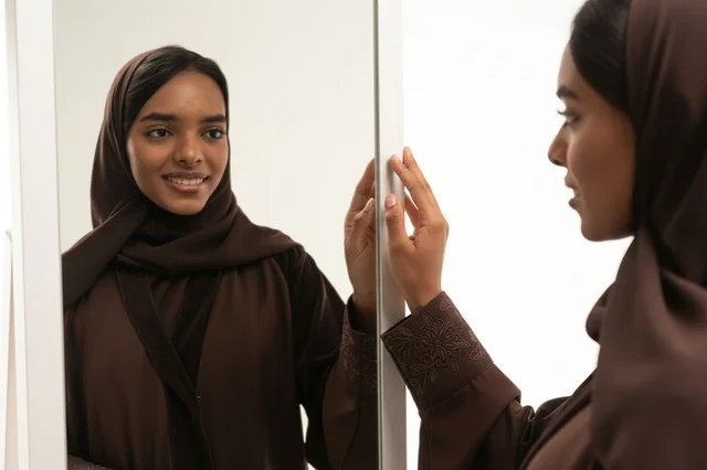 Khaleeji Woman in Brown Abaya Looking in Mirror Khaleeji Woman in Brown Abaya Looking in Mirror