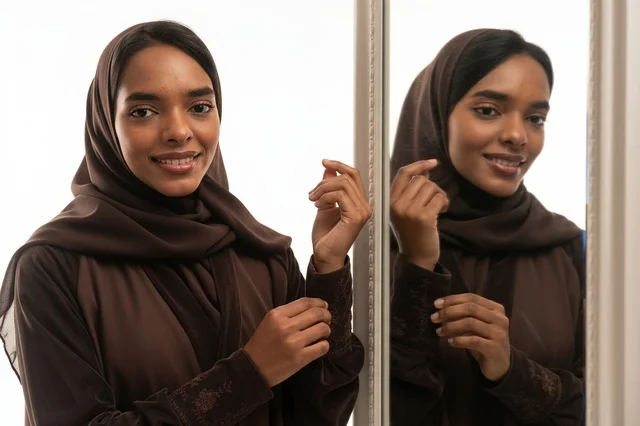 Saudi Woman in Brown Abaya Mirror Reflection