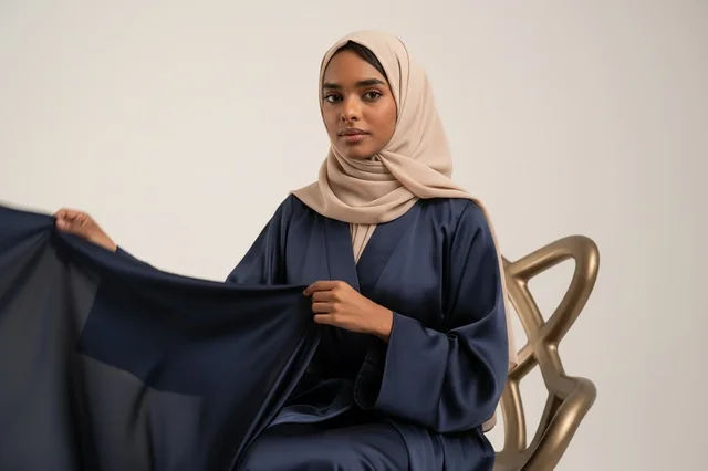 امرأة صومالية ترتدي عباية ساتان كحلي في استوديو تصوير