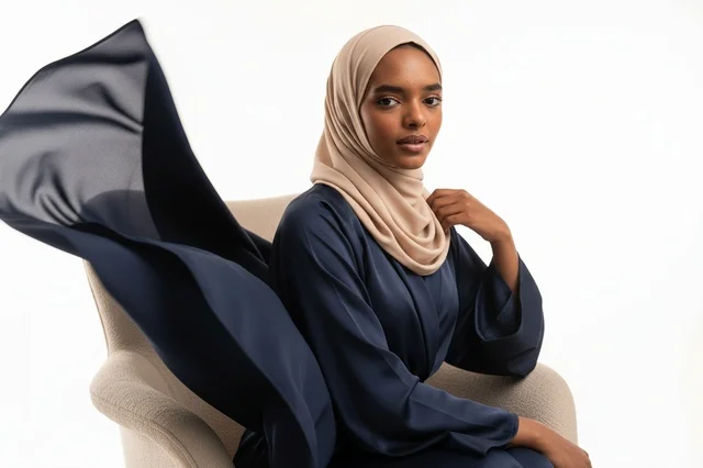 امرأة سعودية بعباية كحلية وحجاب بيج
