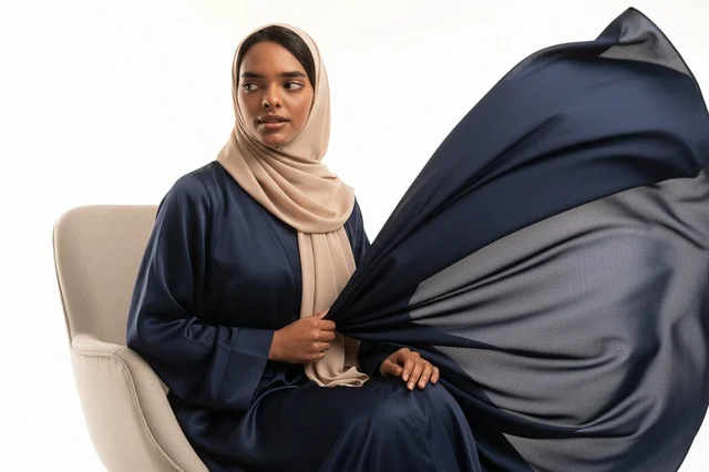 امرأة سعودية بعباية كحلية وحجاب بيج