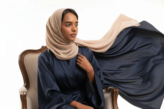 Saudi Woman in Navy Silk Abaya and Flowing Hijab