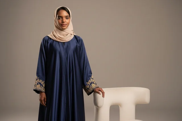 Emirati Woman in Navy Blue Abaya with Gold Embroidery