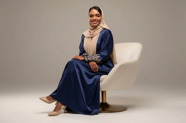 Saudi Woman in Navy Abaya Sitting in Studio