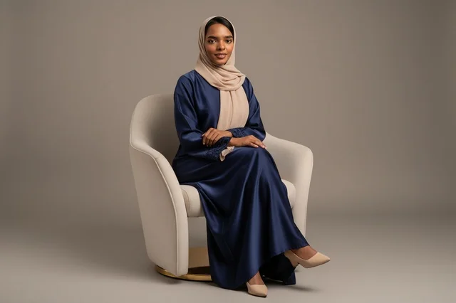 A Saudi woman in a navy abaya and a beige hijab.