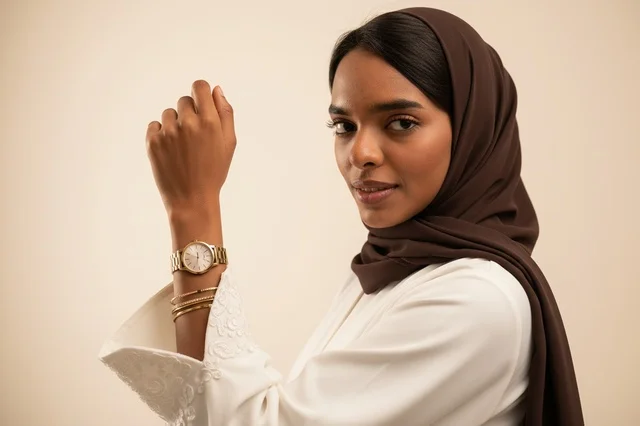 Saudi Woman in White Abaya and Gold Wristwatch