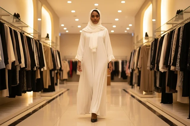 African Woman in White Abaya Walking in Clothing Boutique