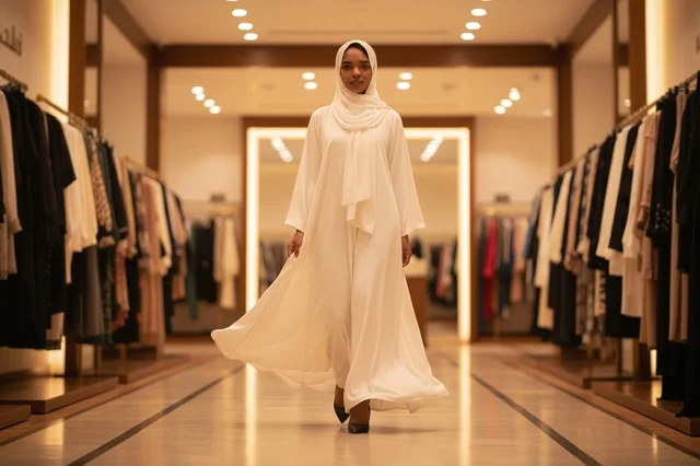 Saudi Woman in White Modest Dress in Boutique Store