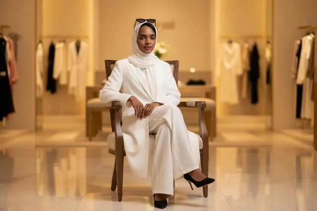 امرأة سعودية ببدلة رسمية بيضاء في متجر أزياء